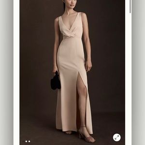 BHLDN Piper V-Neck Side-Slit Satin Gown- Oyester